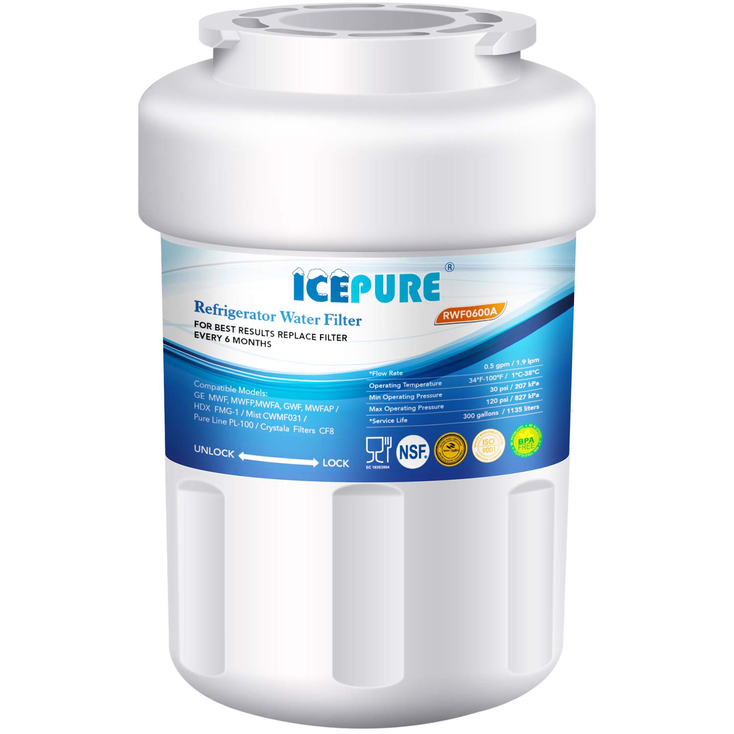 Icepure MWF Refrigerator water filter Replacement for GE MWF, MWFP