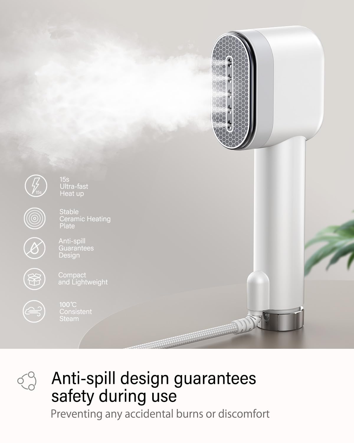 VASSON Steamer for Clothes, Handheld Clothes Steamer, 1000W Portable Fabric Steamer, 15-Second Ultra-Fast Heat Up, Ceramic Heating Steam, for Home Use and Travel