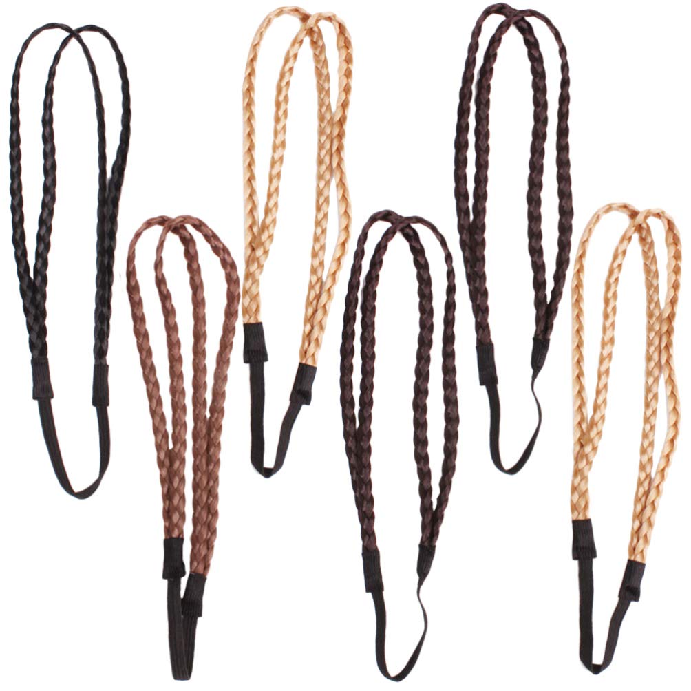FRCOLOR Synthetic Hair Braided Headband Classic Chunky Plaited Braids Elastic Stretch Hairpiece with Double Braided Boho Bohemian Style Hair Accessory 6pcs