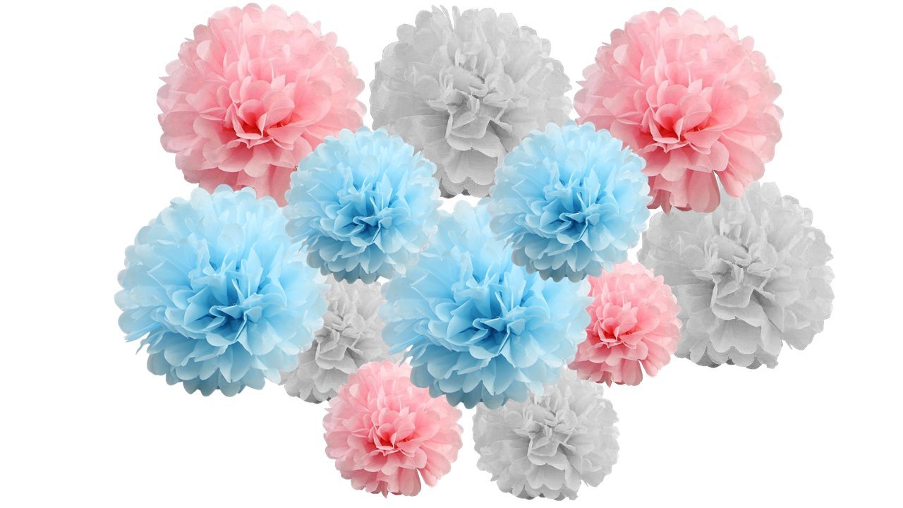 pack of 12 Pack Mixed Tissue Paper Pompom Pom Pom Hanging Garland Wedding Party Decorations (Blue/Pink Shade, mix 8" & 10" (20 cm & 25 cm))