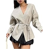 MakeMeChic Women's Fall Wrap V Neck Long Sleeve Coat Belted Tie Front Jacket Outerwear