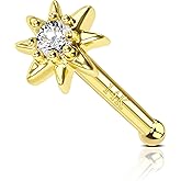 COCHARM 14K Yellow Gold Nose Stud 20g 14K Real Gold Nose Ring Stud Star Nose Bone Nose Piercing 14kt Solid Gold Nose Piercing Jewelry for Women Men 7mm Long