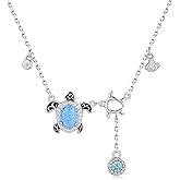 EJALEN 925-Sterling-Silver Sea Turtle Necklace for Women - Opal Turtle Pendant with Shell Bithday Mother's Day Christmas Ocean Theme Jewelry gift for Mom and Daughter