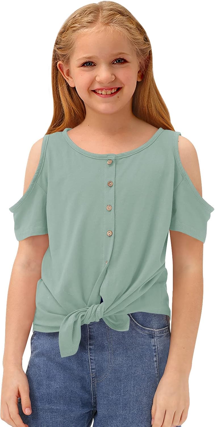 BesserBay Girl's Tie Front Cold Shoulder Short Sleeve Tunic Shirt 3-12 Years: Clothing