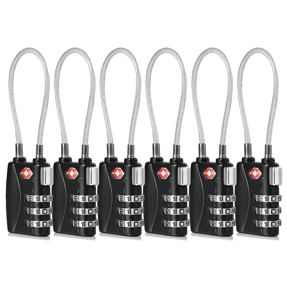 CFMOUR TSA Locks - 1, 2, 3, 4, 5, 6 Pack 3-Dial Security Cable Travel Combination Padlock for Suitcase Luggage Case Bag Code Lock - Black (Pack of 6)