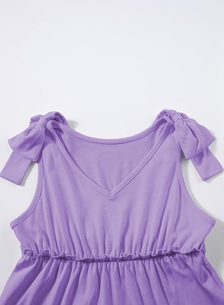 BLIBEAN TWEEN GIRLS SUMMMER DRESSES BIG KID BOHO TIERED CASUAL SOLID COLOR BEACH BOW SLEEVELESS SUNDRESS DRESSY CUTE RUFFLE OUTFITS SIZE 6-7 YEAR OLD LILAC PURPLE