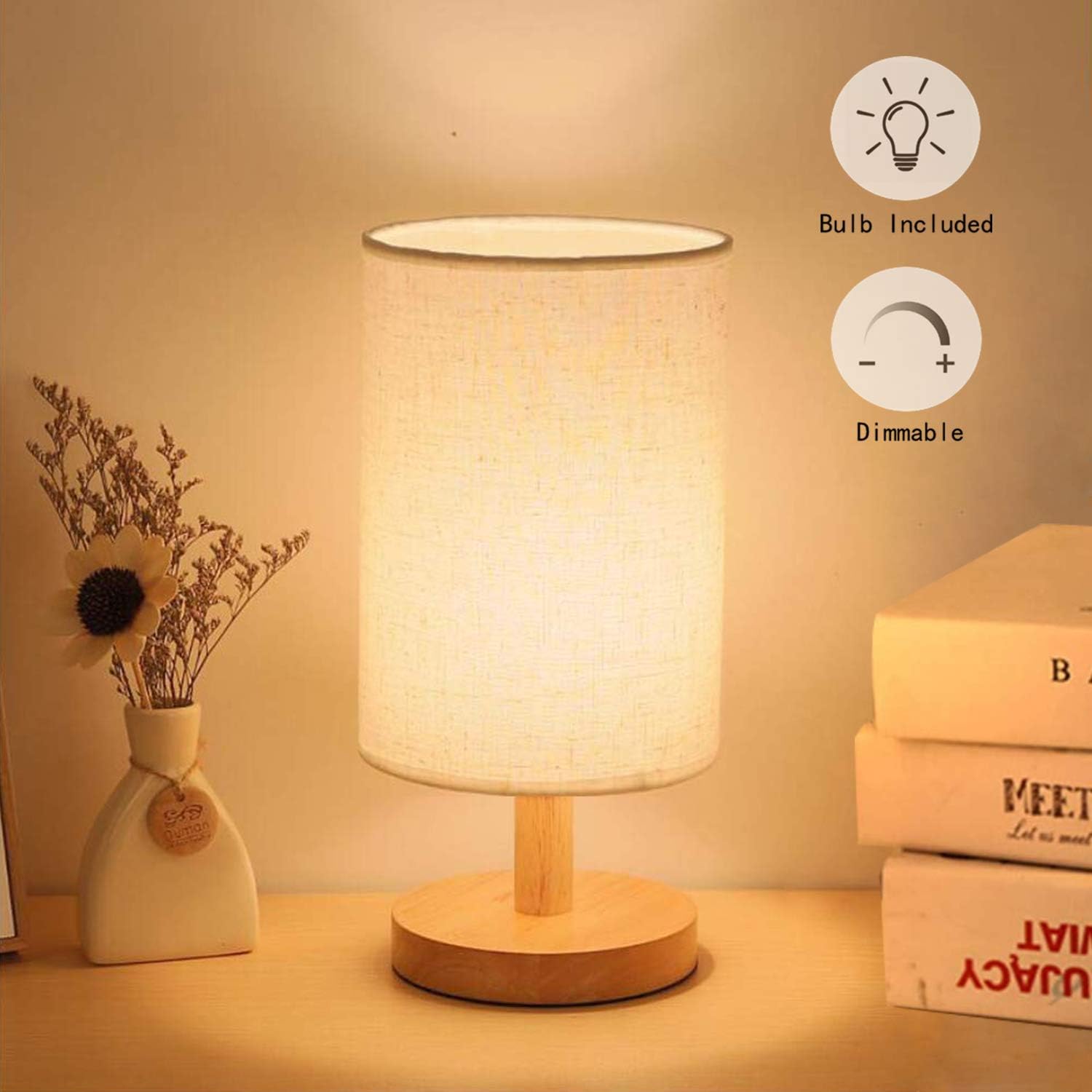 Litbulbs Bedside Table Lamp Dimmable,Wood Nightstand Lamp Kit
