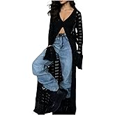 Women Long Crochet Cardigan Bell Long Sleeve Hollow Out Knit Lightweight Duster Sweaters Crochet Maxi Dress