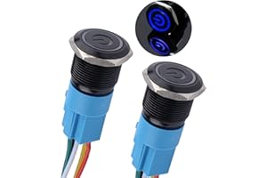 DMWD 2Pcs 19mm Latching Push Button Switch 12V-24V ON/Off 1NO 1NC Waterproof IP66 Black Metal Shell with Wire Socket for 3/4’’ Mounting Hole Power Symbol Light (Blue LED)