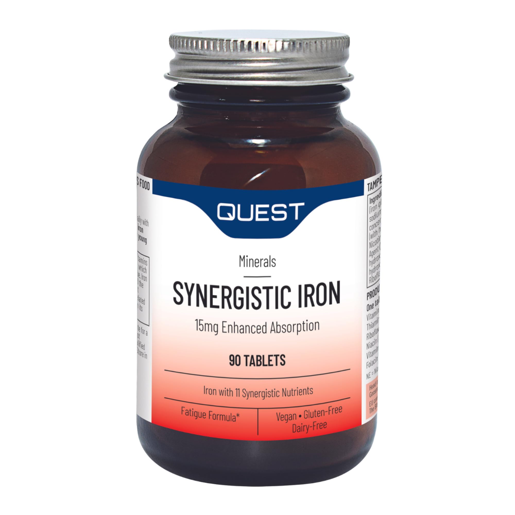 Quest Synergistic Iron 15mg Tablets with Vitamin B, C & Copper. Helps Reduce Tiredness & Fatigue Plus Formation of Red Blood Cells & Immune Support. Vegan & Gluten Free Formula. (90 Capsules)