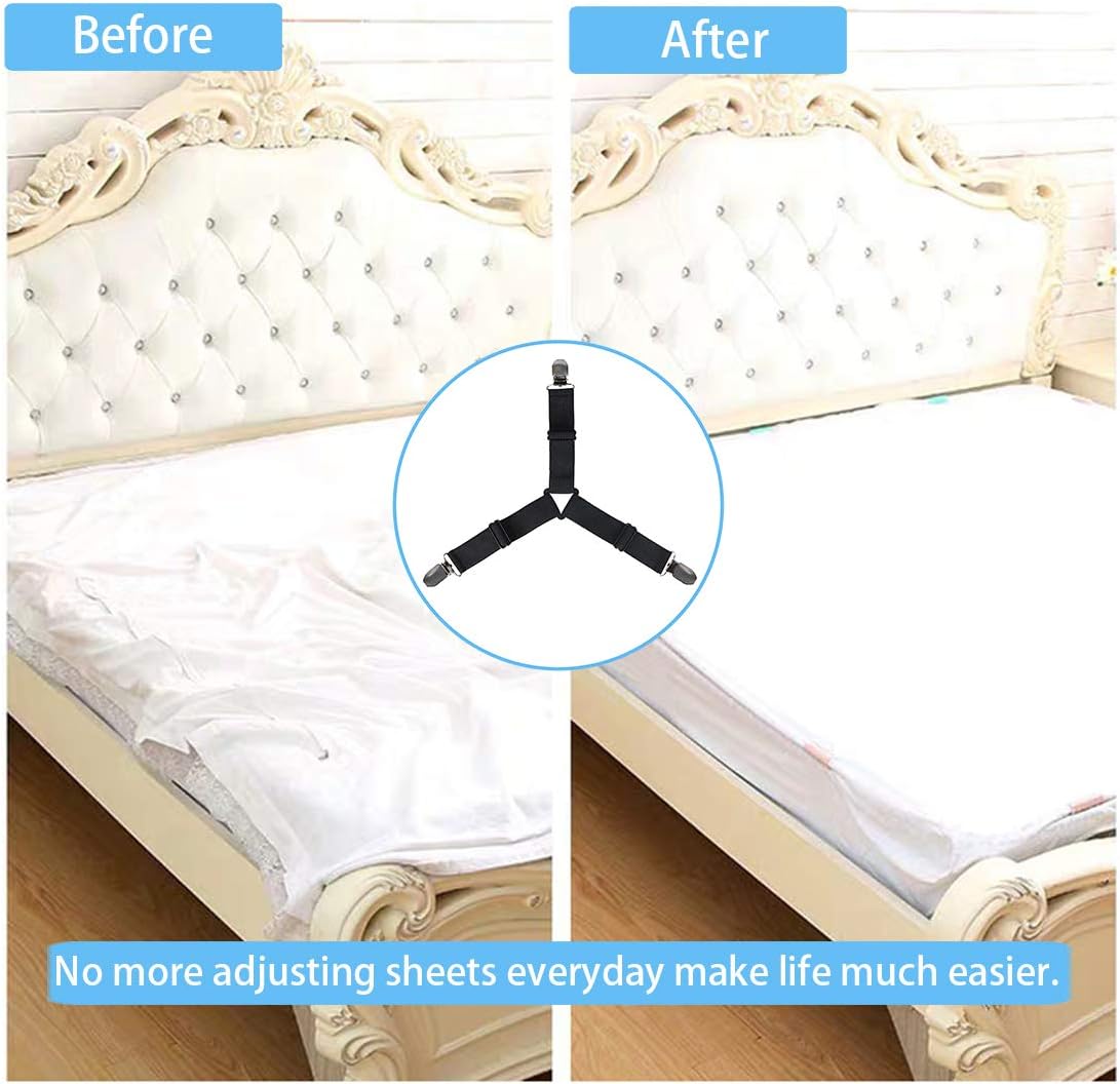KALLC Bed Sheet Holder Straps, 4 Pack Adjustable Triangle Elastic Mattress Sheet Clips Mattress Cover Holder Fasteners Bed Sheet Fasteners Heavy Duty Grippers Clips Keeping Sheets Place for Bedding: Home & Kitchen