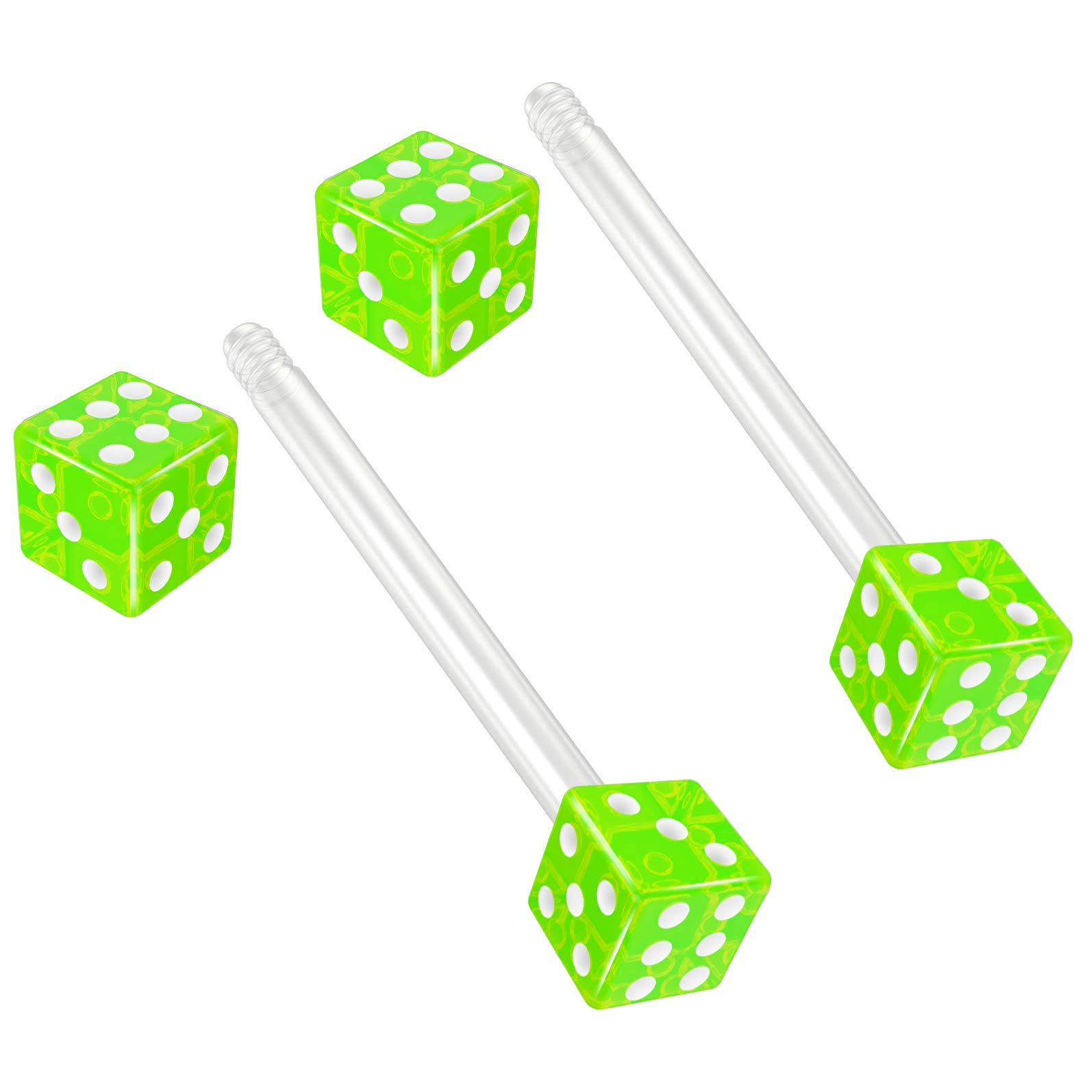 Evonix 2pc 16mm 1.6mm Flexible Tongue Bar Rings Bioflex 16mm 5/8 Bioplast Barbell Ring Green Acrylic Dice