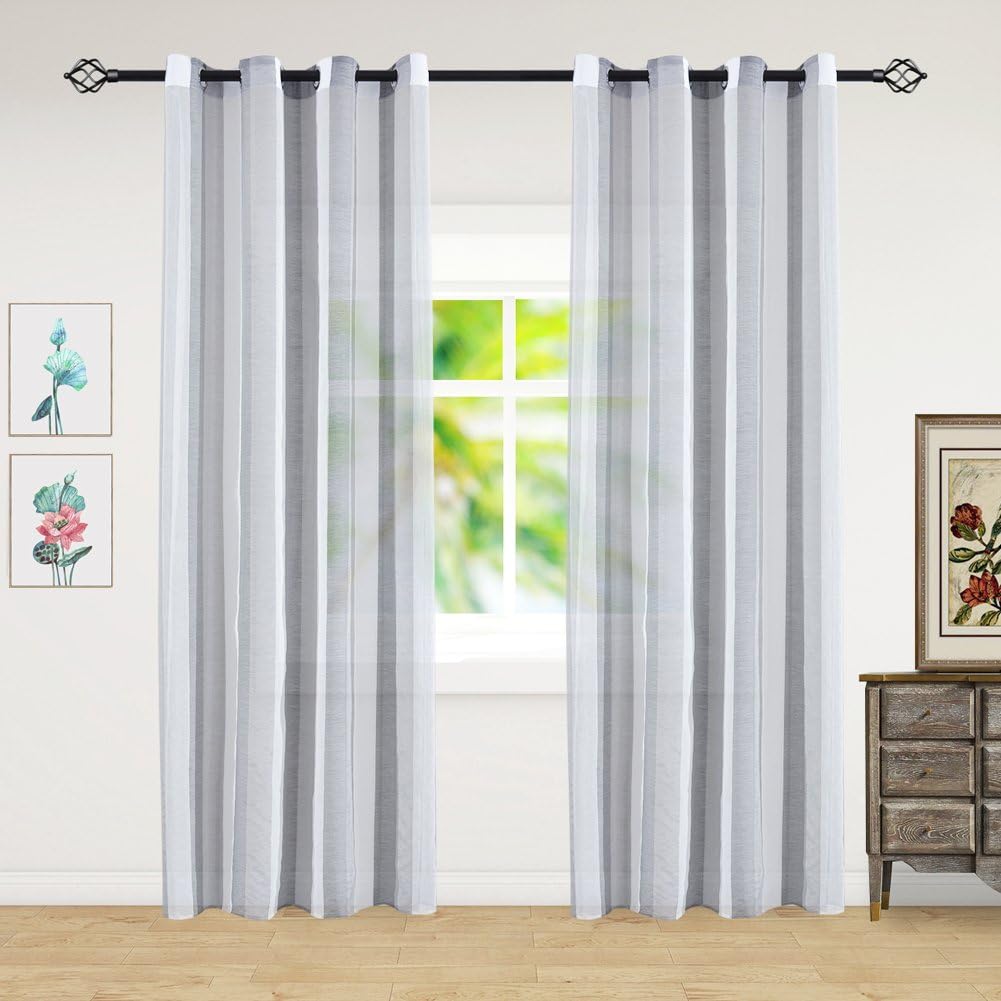 HONTOD Grey Stripe Sheer Grommet Window Curtain Panels Two-Tone Color for Kids Bedroom/Living Room,One Pair 55 by 63 inch