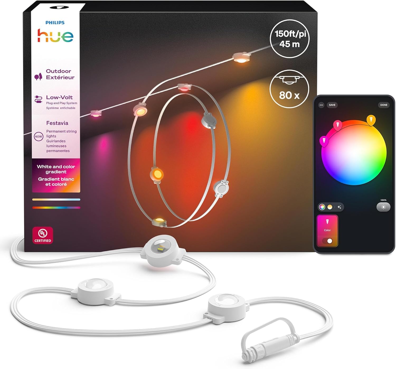 Photo 1 of Philips Hue Festavia 150ft Permanent Outdoor String Lights, 80 Dimmable Lights, 55 Lumens Each, Weatherproof, Water-Resistant, White Wire, Color Ambience, Bridge Required