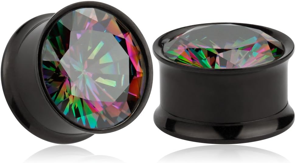KUBOOZ(1 Pair Summer Gauges for Ears Color-Zircon Black Stainless Steel Ear Plugs Tunnels Earrings Stretcher Piercings 0g(8mm) to 5/8"(16mm)