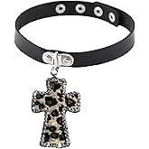 NUEAYMS Leopard Print Choker Necklace for Women Cross Pendant Choker Necklace Cross Neck Jewelry