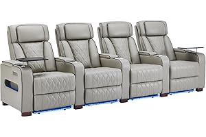 CALIVIA Luxury Home Theater Seating – Power Recliner with Adjustable Headrests, Blue LED Ambient Lighting, Tray Table, USB & Type-C Charging (Grey,4 Seat)