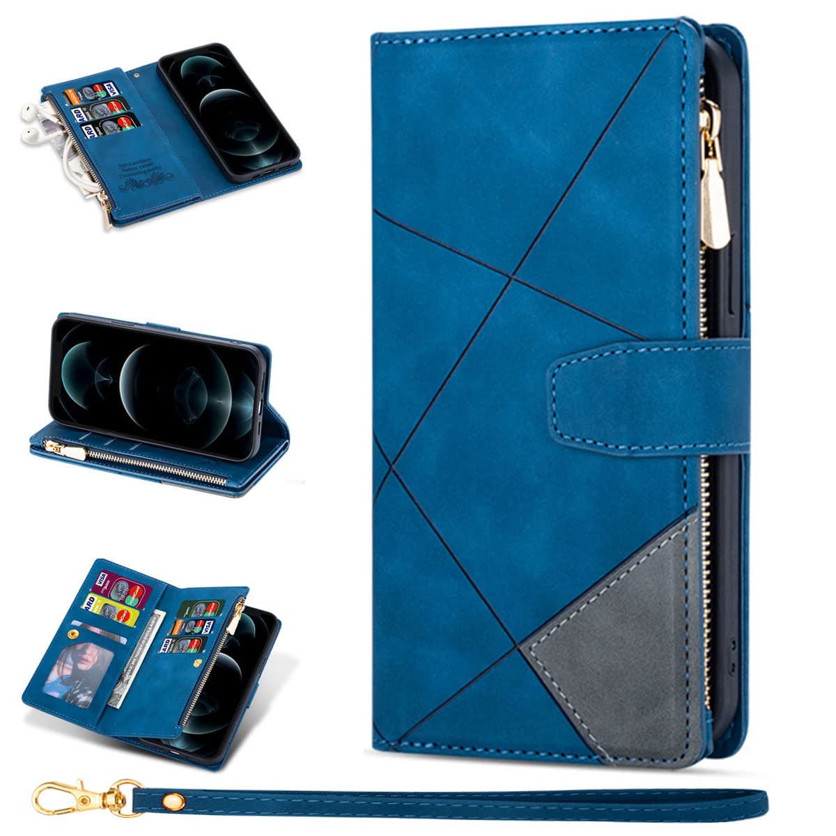 ZCDAYE Wallet Case for iPhone 11 Case with 9 Card Slots Zipper Pocket Handbag Wristlet Folio Flip Cover for iPhone 11-Blue