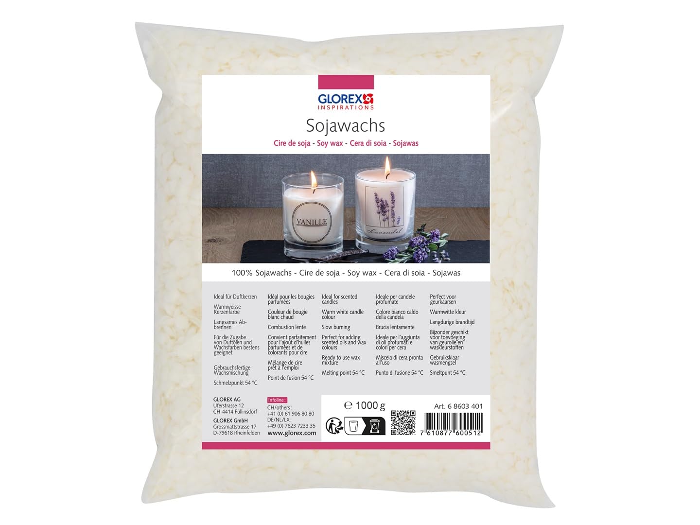 GLOREX 6 8603 400 Soy Wax Mix, 500 g, Ready-to-Use Wax Mix, Burns Warm White, Good Burning Quality, Melting Point 54°C, for Candle Making