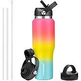 HYDROWION Stainless Steel Water Bottle, 32oz Wide Mouth Double Wall Vacuum Insulated Water Bottle with Straw Lid, Spout Lid and Flex Cap, Leakproof,Fit in Any Car Cup Holder, Red&Yellow&Blue