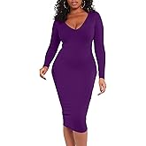BORIFLORS Women's Sexy Bodycon Long Sleeve Deep V Neck Club Party Midi Pencil Dresses