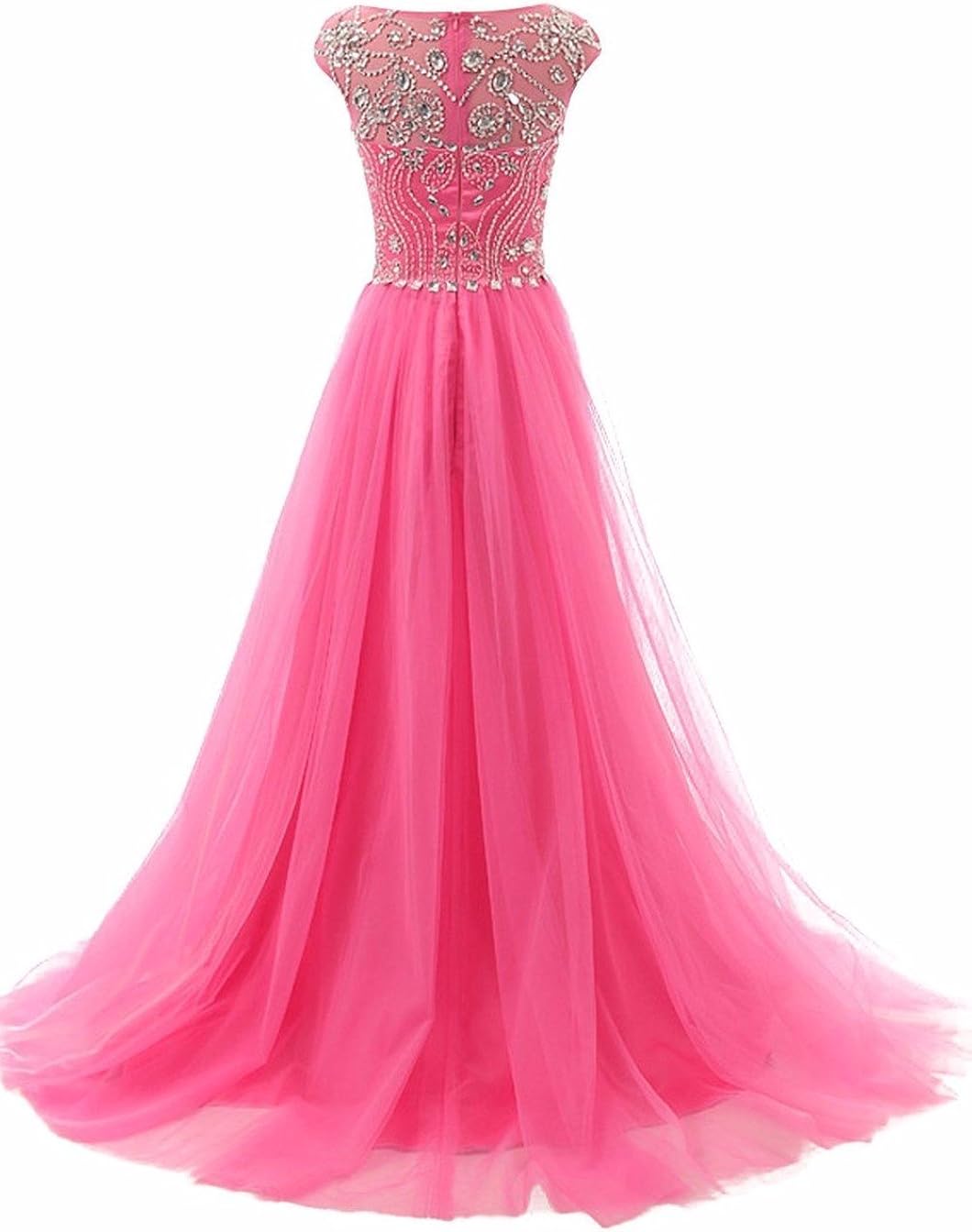 Promworld Women's Wedding Bridesmaid Dress Cap Sleeve Crystal Tulle Long Prom Dresses: Clothing