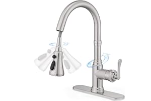 HOIGY Brushed Nickel Bar Sink Faucet Single Hole or 3 Hole, 3 Modes Kitchen Faucet with Pull Down Sprayer, Deck Plate & Supply Hoses, Single Handle for Modern Camper Laundry RV, High Arc