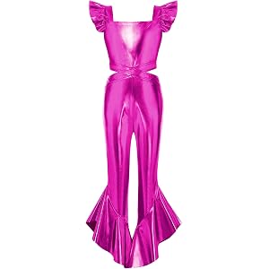 Xnihocha Shiny Sequin Jumpsuit for Girls Hip Hop Dance Movement Wear Birthday Event Fly Sleeve Flared Rompers Hot Pink 8 Year
