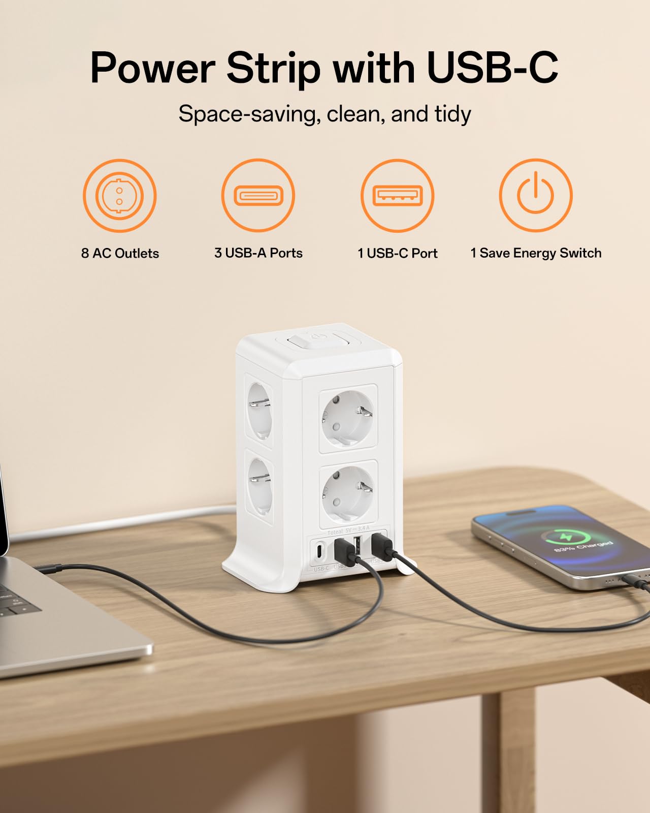 Mehrfachsteckdose mit USB-C, 8 Fach Steckdosenleiste mit Schalter, Steckerleiste mit 4 USB, Mehrfachstecker 2M Verlängerungskabel, Steckdosenwürfel mit Überspannungsschutz für Zuhause, Büro,Küche 2