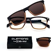 CLIPTONIC 2-in-1 Magnetic Clip- On Blue Light Blocking Glasses–Rectangle Frame + Polarized UV400 Clip, TR90, Anti-Reflective