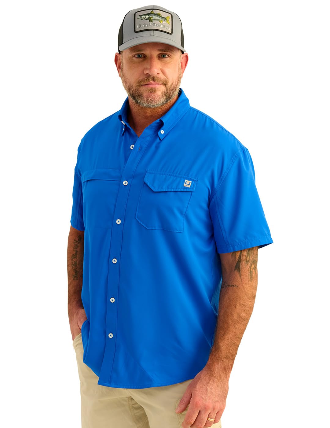 HUK - Mens Tide Point Solid Short Sleeve Shirt, Button Down for Men, Ocean Blue, Medium Image