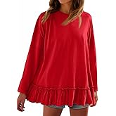 Tankaneo Womens Oversized Peplum Tunic Tops Long Sleeve Babydoll Tops Casual Pleated Shirts Crew Neck Flowy Loose Fit Tees