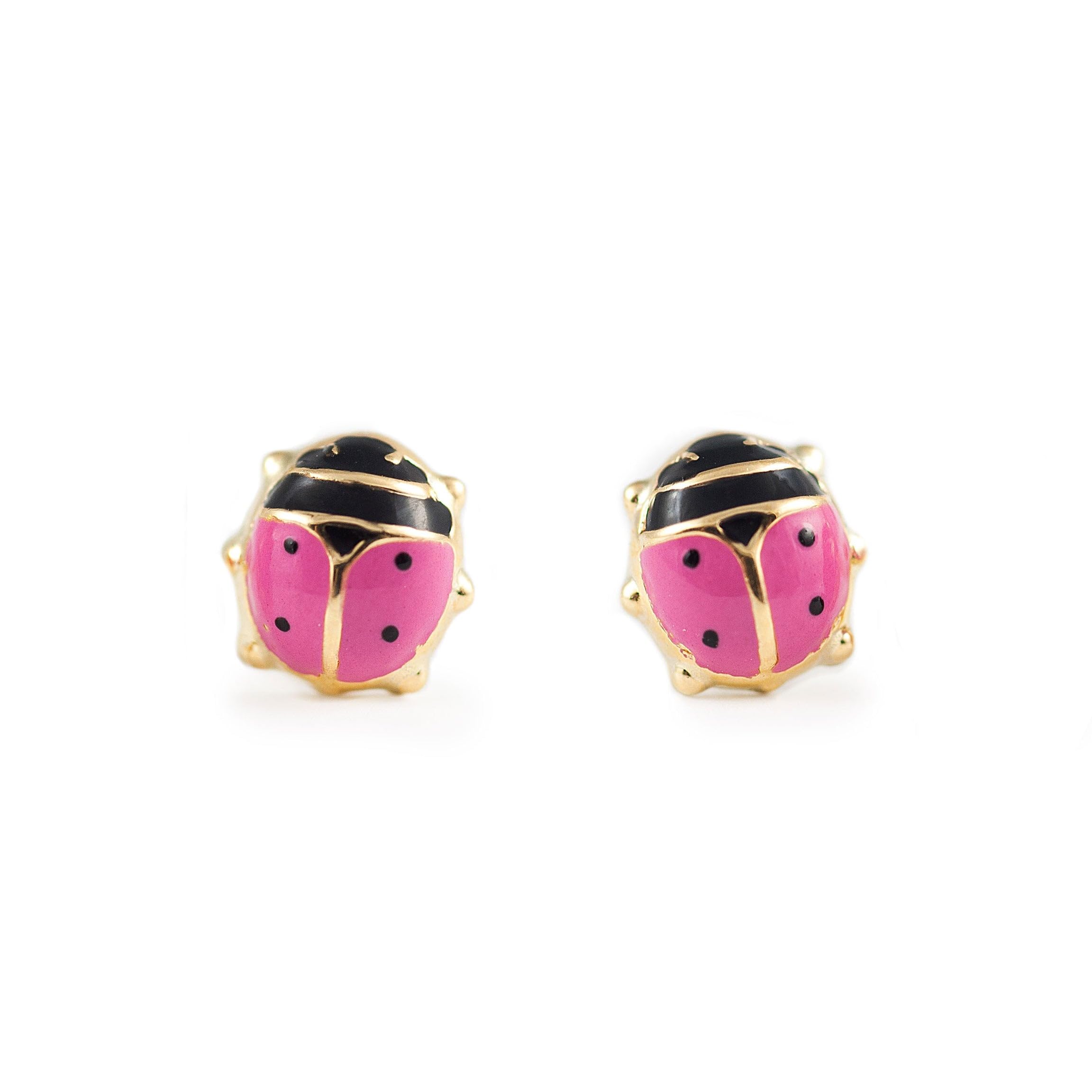 Mondepetit - 9ct Yellow Gold Pink-Black Enamel Ladybird Children's Girls Earrings shine