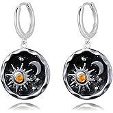 MALOYANVE Vintage Sun and Moon Dangle Hoop Earrings, Handmade Retro Boho Style, Silver, Gold, Black Round Coin Design, Celestial Jewelry for Women