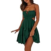 Wenrine Women's Summer Dresses Boho Beach Casual Mini Spaghetti Straps Backless Self Tie Tiered Flowy Dresses Green