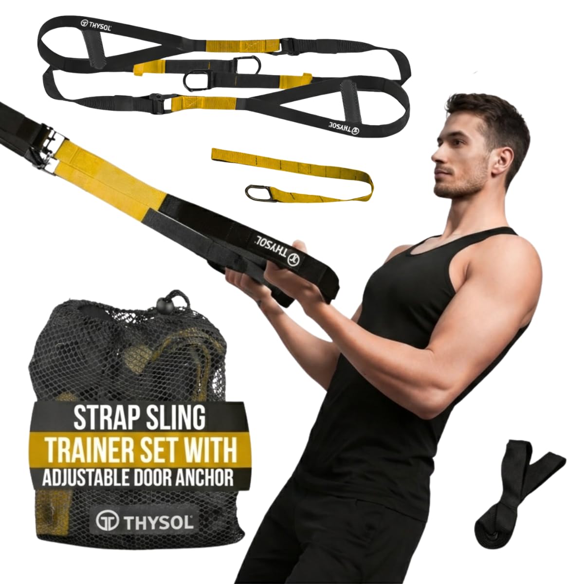 THYSOL® Suspension Trainer Yellow – Sling Trainer Set with Door Anchor – Portable Suspension Training Straps for Home Gym Equipment & Workout Set – Gym Straps for Indoor & Outdoor Training