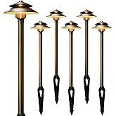 Gardencoin Solid Brass Low Voltage Landscape Pathway Lights (6'' Shade, 19'' Tall), 12V LED Heavy Duty Path Lighting Outdoor Wired, Waterproof Antique Bronze Walkway Light Without G4 Bulb,6 Pack