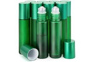 Kesell 10pcs Empty Roll on Glass Bottles, 10ml 1/3 Oz Essential Oil Roller Bottles with Stainless Steel Roller Balls - Green Color