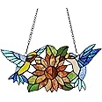 Bieye W10006 Hummingbirds Flower Tiffany Style Stained Glass Window Hangings Panel with Chain, 15" W x 7" H