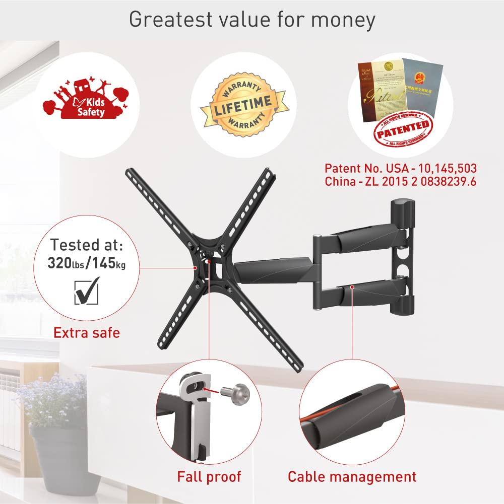 Barkan TV Wall Mount, 13-65 inch Full Motion Articulating - 4 Movement Long Premium Flat/Curved Screen Bracket, up to 80 lbs, Extremely Extendable, Lifetime Limited Warranty,Fits LED OLED LCD