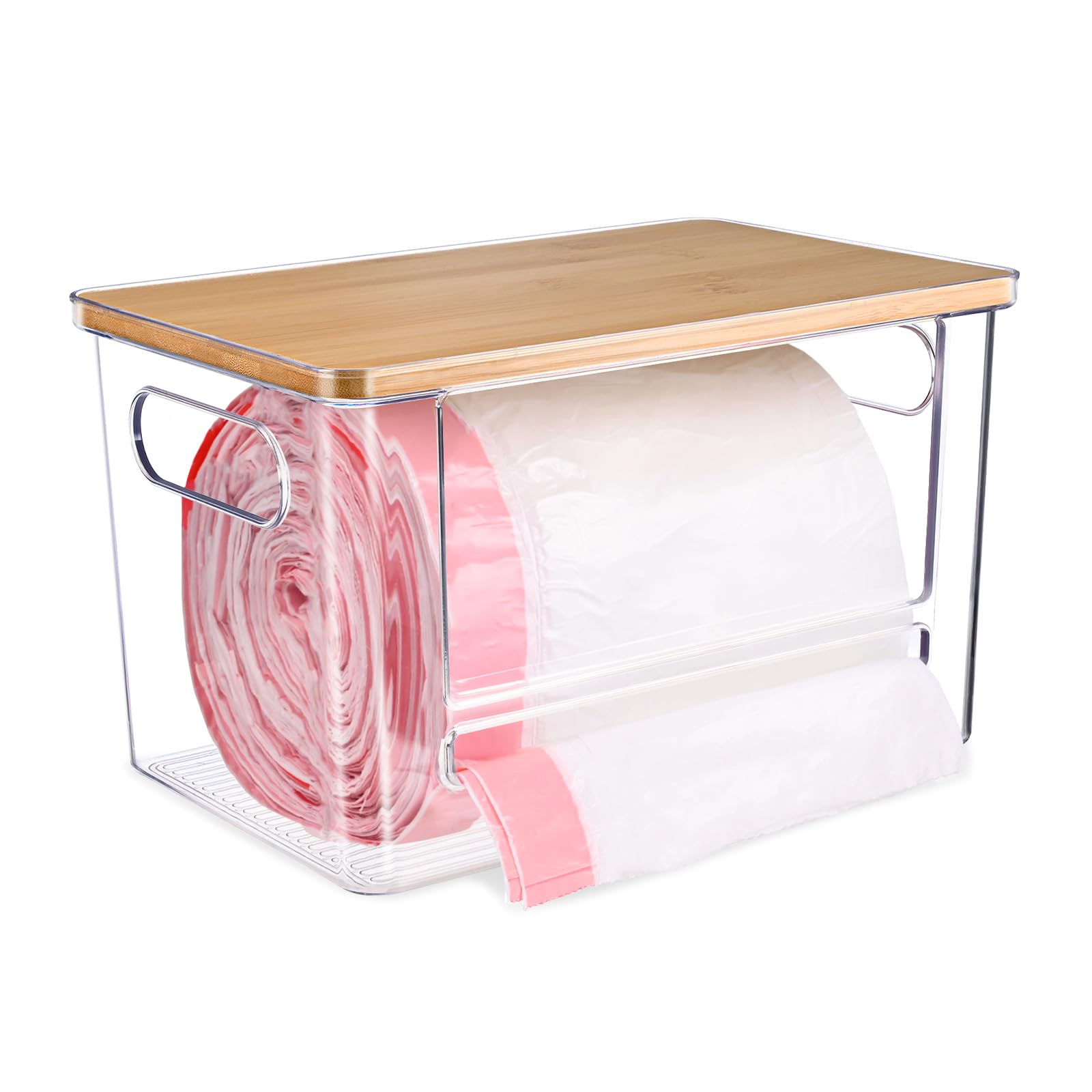 Photo 1 of Hiitytin Trash Bag Dispenser Roll Holder, Trash Bag Holder Dispenser with Bamboo Top & Handles, Extra Large Garbage Bag Holder Dispenser Trash Bag Organizer Under Sink