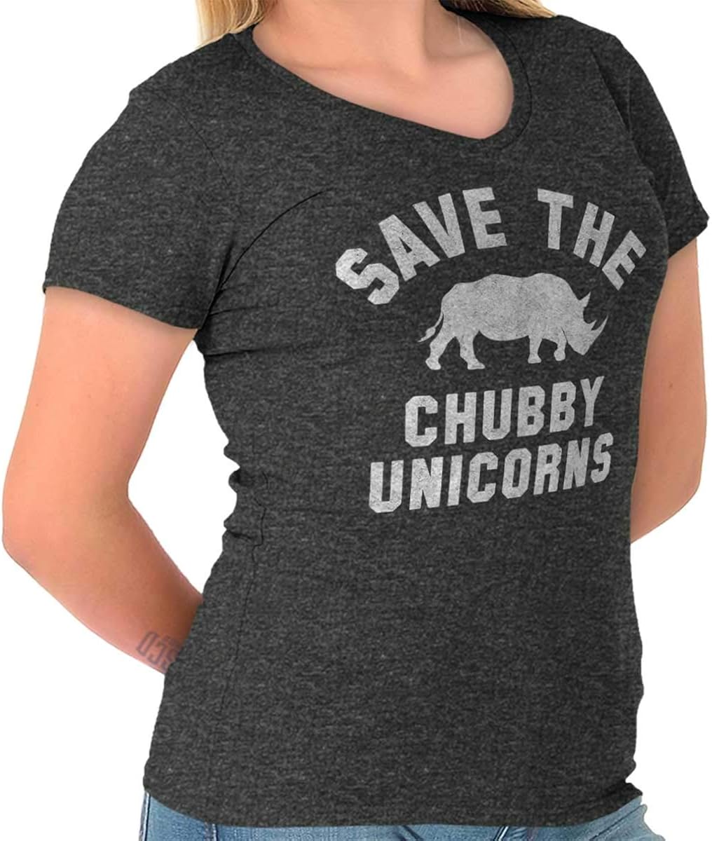 Save The Chubby Unicorns Cute Geeky Nerd Junior Fit V-Neck T Shirt