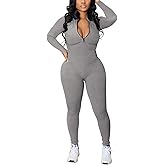 Sriswel Womens Sexy Ribbed Bodycon Jumpsuit Long Sleeve Zipper Mock Neck Skinny Pants One Piece Romper Outfit Clubwear