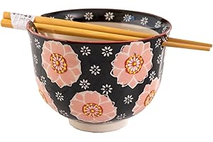 Urban Tokyo Handpainted Ceramic Glazed Japanese Ramen Udon Noodle Rice Bowl With Chopsticks 20 fl oz 5 inch Diameter Bowl Set