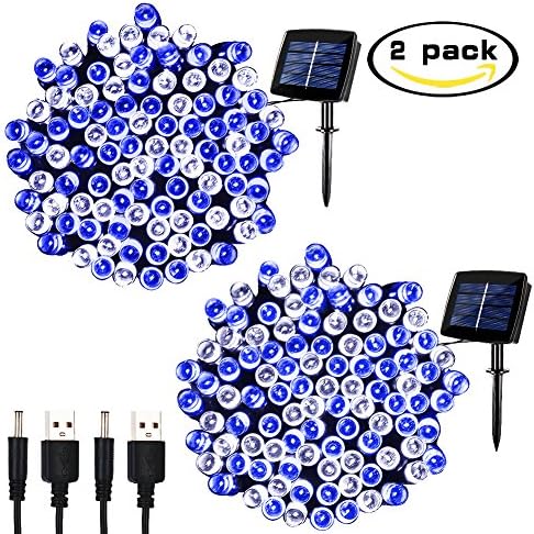 Solar Fairy String Lights Outdoor Waterproof, WOOHAHA 2 Pack 72ft 200LED Updated Version 6hrs Timer Function with USB Cable Solar Powered String Lights for Christmas Patio Garden Party(Blue&White)