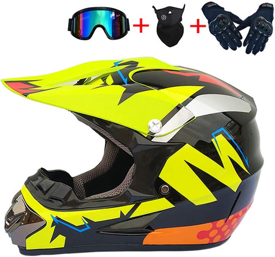 Adult Motocross Helmet, Off Road Crash Helmet Full Face Dirt Bike Helmet with Goggles Gloves Mask, Motorbike Scooter ATV Helmet MTB Mountain Bike Helmet Youth Men Women, Yellow Red