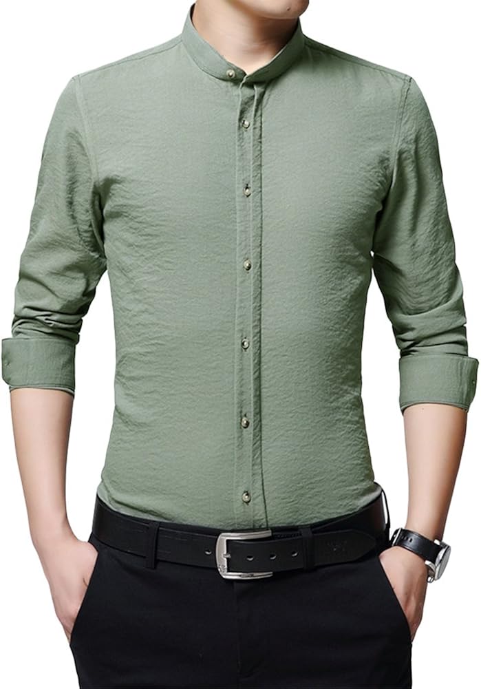 Mens Grandad Collar Casual Shirts Long Sleeved Cotton Linen Slim Fit