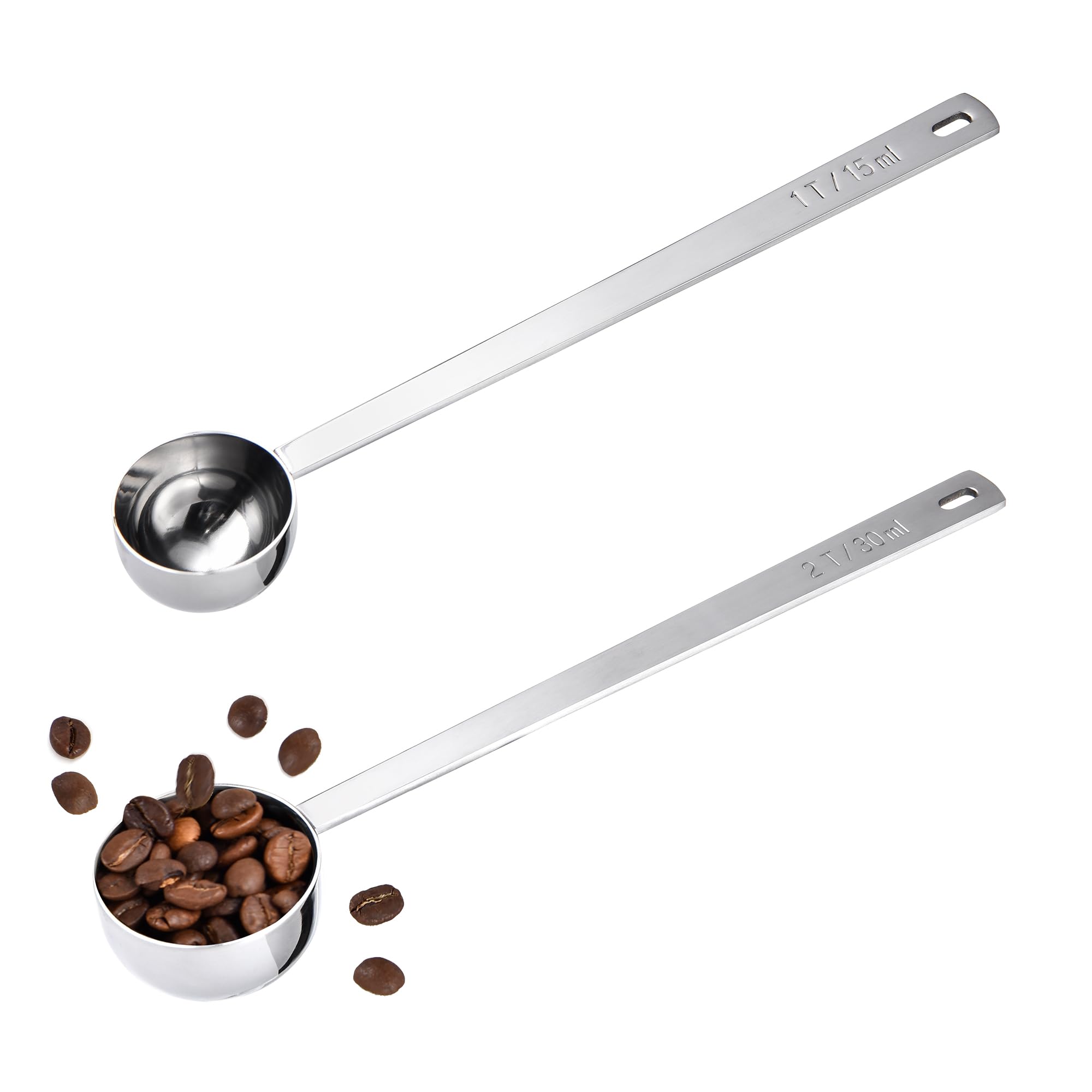 U-Taste Coffee Scoops Set of 2: 18/8 Stainless Steel Measuring Coffee Spoons with 17.4cm Long Handle for Ground Coffee, Beans, Powder, Espresso, Ideal for Tall Canister, Jar (15&30ml, Silver)