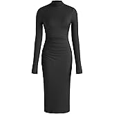 CIDER Long Sleeve Dress for Women High Neck Ribbed Knit Bodycon Ruched Midi Dress Cocktail Party Sweater Solid Dress