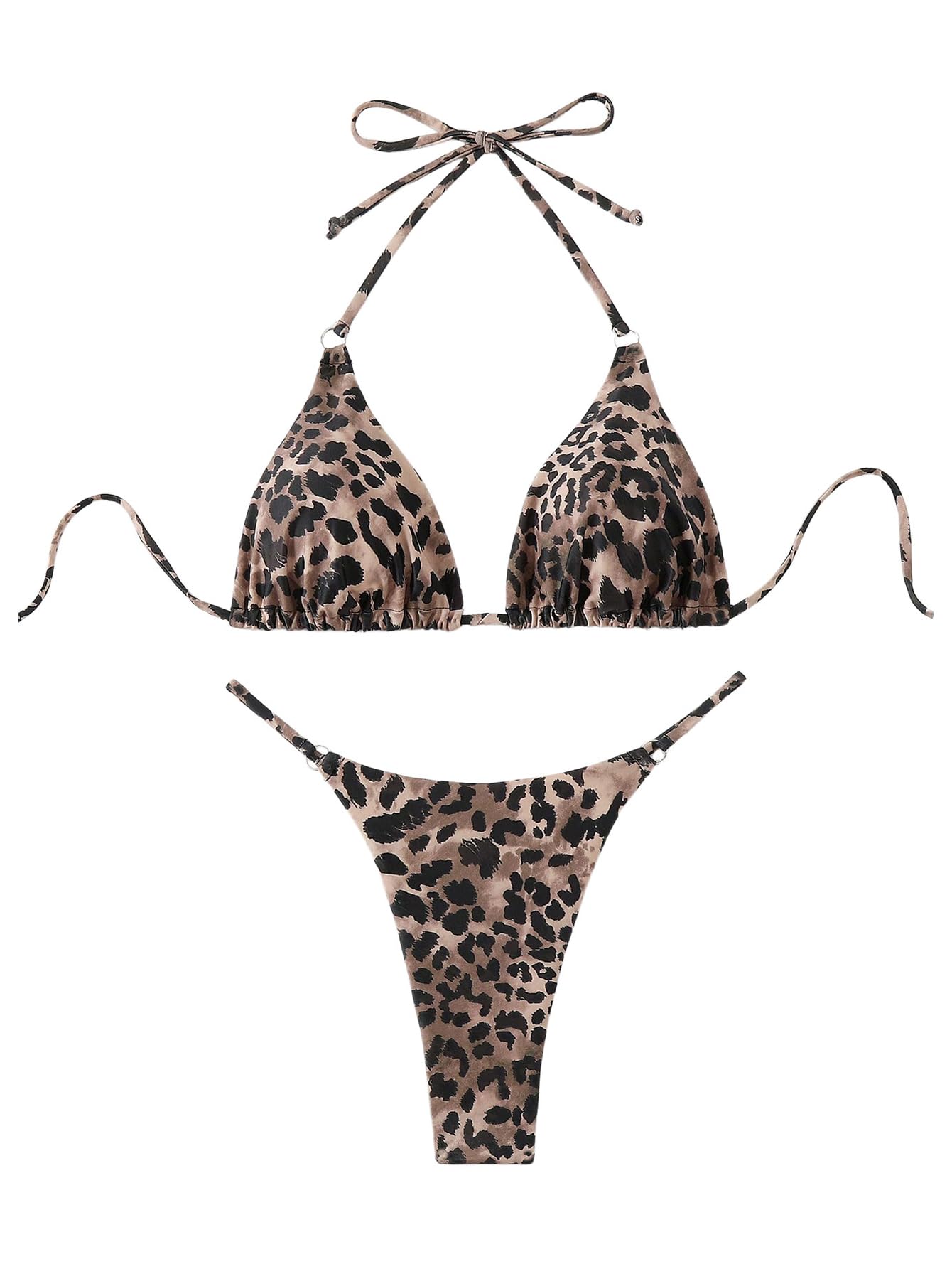 Photo 1 of WDIRARA Women's Leopard Zebra Print Bikini Set Halter Tie Side Swimsuit 2 Piece Bathing Suit Brown X-Small